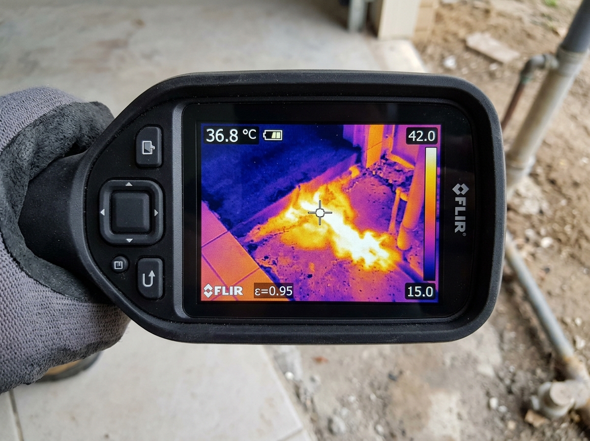 Thermal imaging inspection locating hot water line leak beneath concrete slab in Baytown TX